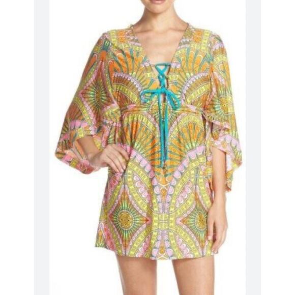 Trina Turk Multicolor Printed Tunic Swimsuit Cover Up Size Small Orange Pink